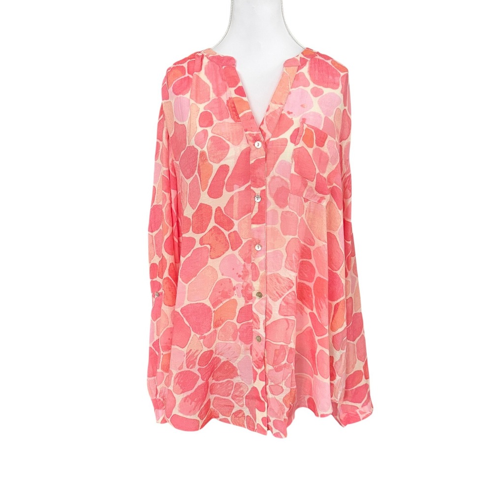 Zac & Rachel Abstract Print Button Down Blouse 2X Pink Roll Tab Sleeve Career